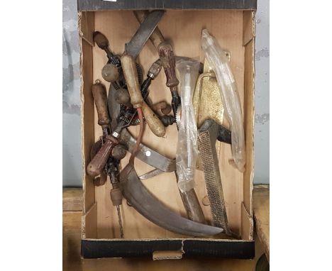 Box of assorted tools – a plane, hand sythe, door handle etc