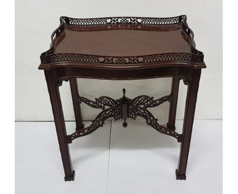 Regency style mahogany tray top side table with Chinese Chippendale fretwork, square chamfered legs and a decorative cross st