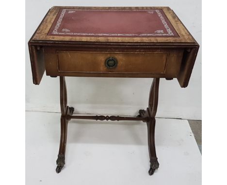 Miniature sofa table, with red leatherette top and apron drawer, extends to 28” x 14.5”w x 21”h