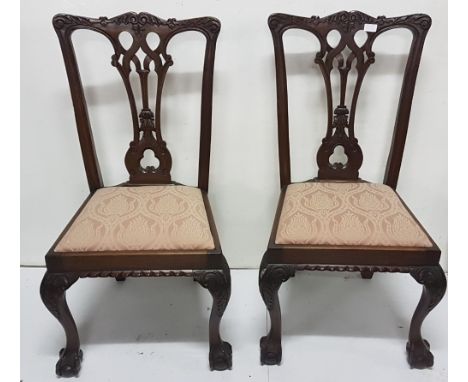 Matching Set of 6 Chippendale Style Mahogany Dining Chairs, with splat backs and removable seats, covered with pink fabric (6