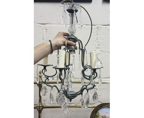 French Brass Framed Ceiling Light, with glass droplets (5 branches)