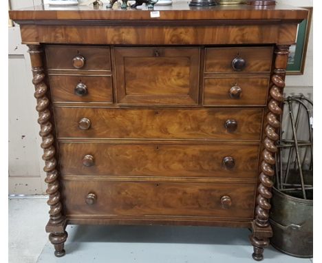 Victorian Mahogany Scotch Chest of Drawers, 4 short drawers over 3 longer drawers, turned mahogany handles, 50”w x 24”d x 53h
