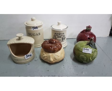 6 pottery condiment jars incl. bread sauce, Sylvac Beetroot and Apple Jars etc