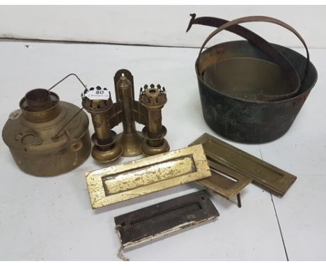 GWR Gas Wall Light, brass bowl, 2 brass pans & 3 door letter boxes (9)