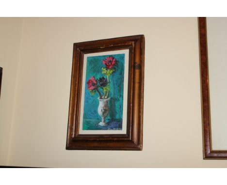 Vaso di fiori , olio su cartoncino , primi '900, firmato R. Van Westerhein (?) cornice coeva cm. 15x28