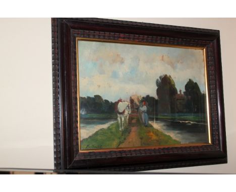 Paesaggio fluviale con personaggio e carro, olio su cartoncino firmato Martinelli primi '900, cornice coeva, cm40x29