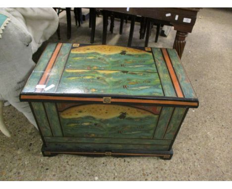 PINE FRAMED BLACK PAINTED AND SCRAP WORK CHILD'S TRUNK 
