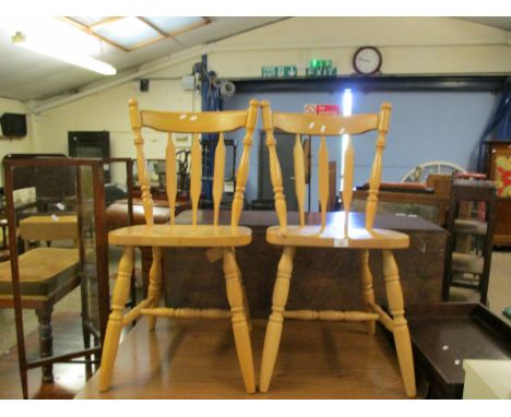 PAIR OF BEECHWOOD HARD SEATED STICK BACK KITCHEN CHAIRS 