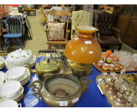 VICTORIAN OIL LAMP WITH GLASS SHADE, BRASS KETTLE ON STAND, TWO-HANDLED JARDINIERE ETC 