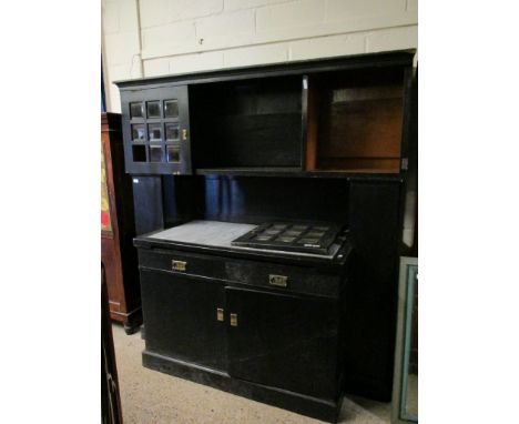 GOOD QUALITY ARTS &amp; CRAFTS TYPE SIDEBOARD, THE TOP FITTED WITH TWO GLAZED DOORS WITH OPEN SHELF, THE BASE WITH MARBLE TOP