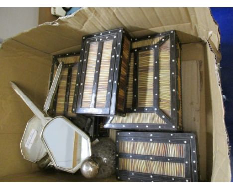 FOUR EBONISED AND PORCUPINE QUILL BOXES AND SILVER PART DRESSING TABLE WARES TO INCLUDE A BRUSH, MIRROR, PIN CUSHION, SILVER 