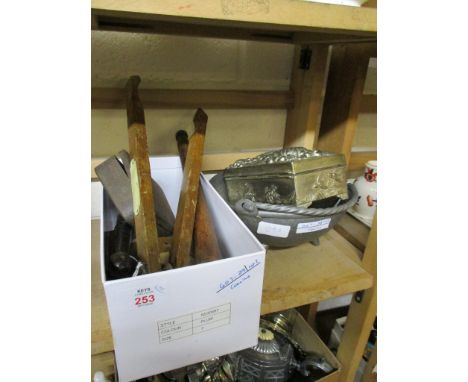 MIXED LOT OF TONGS, VINTAGE TIN, METAL LIDDED BOX AND PEWTER BOWL ETC 