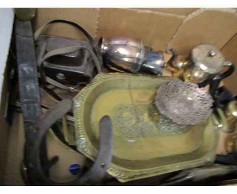 BOX CONTAINING INDIAN PRESSED BRASS TWO-HANDLED TRAY, TABLE BELL, SILVER PLATED HOT WATER JUG ETC 