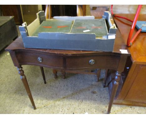 MAHOGANY SERPENTINE FRONT TWO-DRAWER SIDE TABLE WITH RINGLET HANDLES ON TAPERING CYLINDRICAL LEGS 