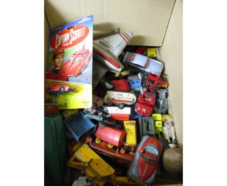 BOX CONTAINING MIXED USED DIE-CAST TOY VEHICLES, CAPTAIN SCARLETT BOXED CAR ETC 