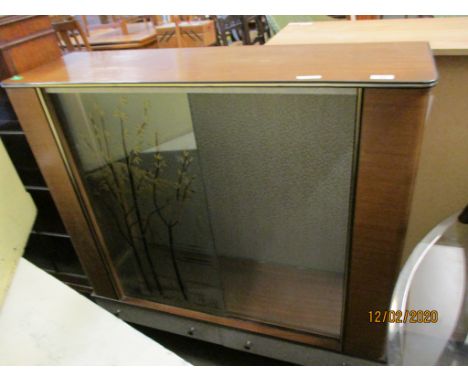 TEAK 1970S GLASS SLIDE FRONTED CABINET WITH ADJUSTABLE SHELF AND PAINTED DOORS 