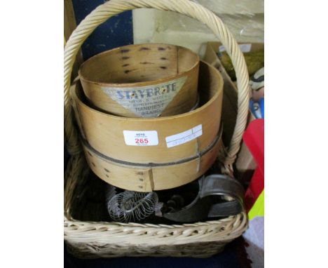 TWO VINTAGE SMALL SIEVES, VINTAGE KITCHEN WARES, BUTTER PATS, WICKER BASKET ETC 