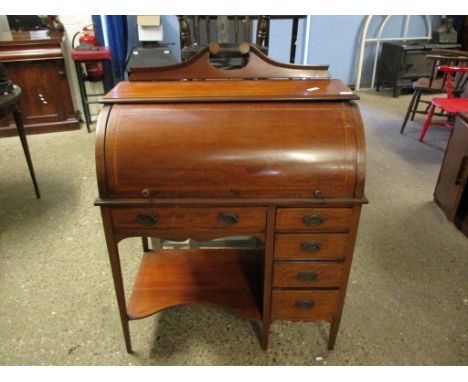 EDWARDIAN MAHOGANY AND SATINWOOD BANDED SMALL CYLINDER DESK WITH SINGLE PEDESTAL WITH FOUR DRAWERS AND OPEN SHELF 