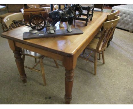 STAINED PINE FRAMED RECTANGULAR KITCHEN TABLE ON TURNED LEGS 