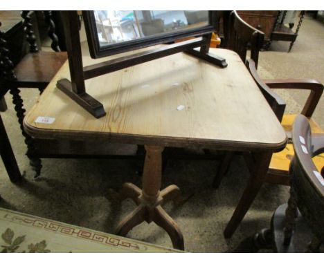 19TH CENTURY PINE SIDE TABLE WITH SQUARE TOP AND TURNED COLUMN ON A QUATREFOIL BASE 