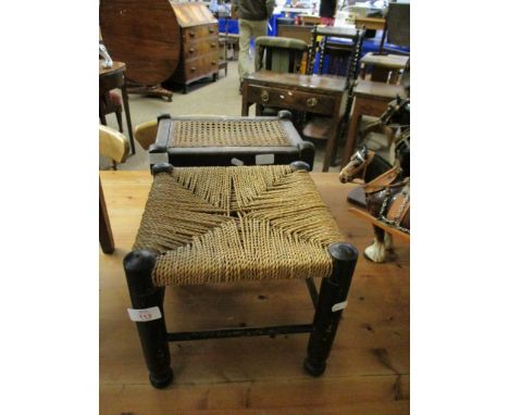 EBONISED RATTAN TOP SQUARE FORMED FOOT STOOL TOGETHER WITH A FURTHER BOBBIN TURNED CANE TOP STOOL (2) 