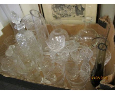 BOX CONTAINING GLASS WARES, DECANTER ETC 