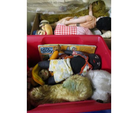 TWO BOXES CONTAINING VINTAGE CHILDREN'S SOFT TOYS, POPEYE FIGURE, DOLLS, BEAR ETC 