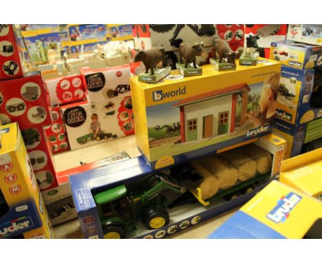 Bruder JD tractor, trailer with bales, barn and cattle