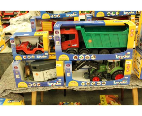 Bruder Fendt tractor, Scania tipper wagon, horse and horsebox and Jeep