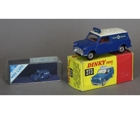 A Dinky Toys die cast Mini Van No. 273 in blue RAC livery, with original box (slight damage to box)  and a modern ditto model