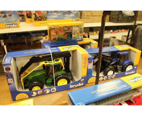 Bruder John Deere logging tractor, trailor, New Holland tractor etc