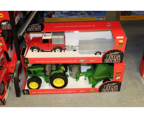Britains JD tractor and round bale set with land rover and general purpose trailer