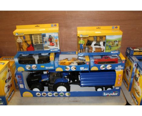 Bruder New Holland tractor, trailer, spare wheels, farmers etc