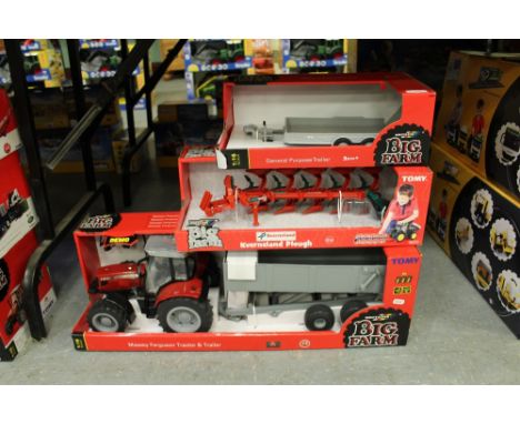Britains MF tractor and trailer, plough and general purpose trailer
