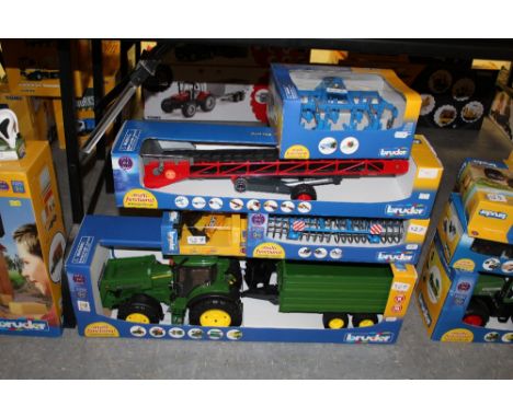 Bruder JD tractor, trailer, elevator, harrow etc