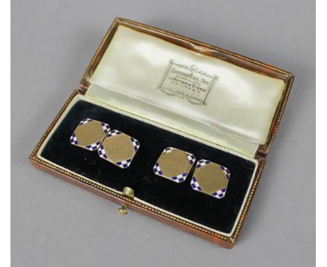 A pair of 9ct gold cufflinks, the square engine turned faces enamelled in blue and white chequers to corners, faces 1.2cm squ