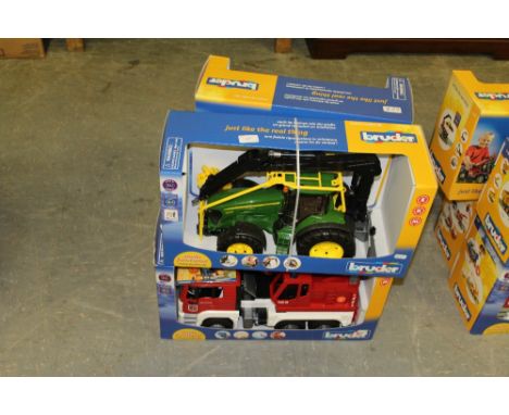 Bruder JD logging tractor, trailer and 2 fire trucks