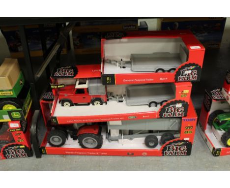 Britains MF tractor and trailer, land rover and trailer with spare trailer