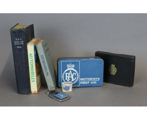 RAC 1954 Guide & Handbook, RAC enamelled pin badge, and other RAC items - playing cards, key ring, first aid kit, and two Obs