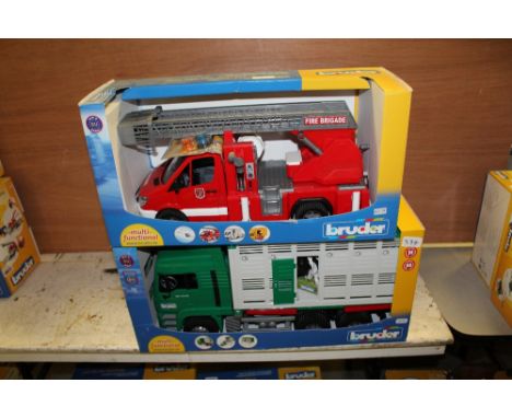 Bruder JD tractor, MAN Tipper, MAN cattle wagon and fire truck