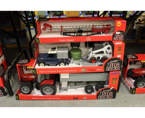 Britains MF tractor and trailer, Land rover and trailer, Skidsteer and grain auger
