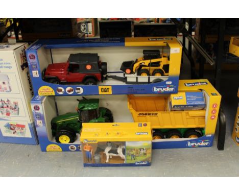 Bruder JD tractor, tipper trailer, CAT skidsteer and  jeep etc
