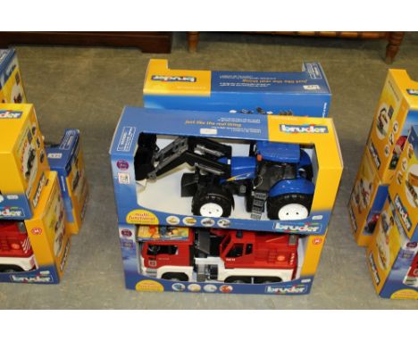 Bruder New Holland tractor, trailer and 2 fire trucks