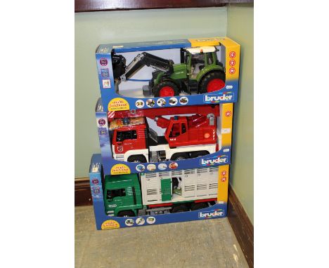 Bruder MAN cattle truck, Fire truck and Fendt tractor