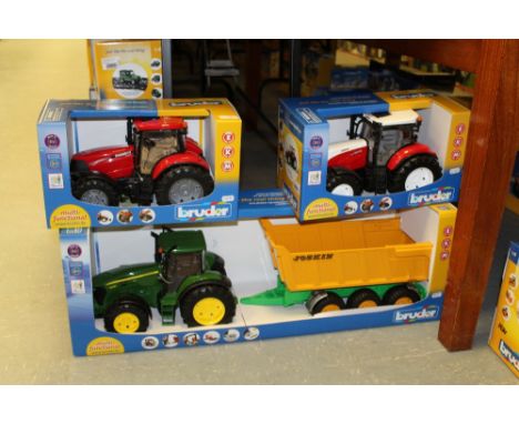 Bruder JD tractor, tipping trailer and two other tractors