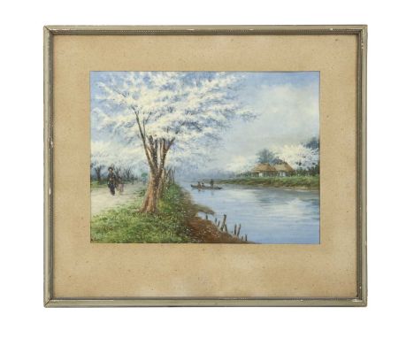 K...Tosa (Japanese, 19th/20th century)A river landscape with cherry blossomsigned l.l., watercolour24 x 32cmCondition report: