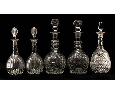 An Orrefors Nils Ludberg ovoid form decanter, 26cm high, together with two pairs of Victorian decanters, 30cm and 36cm high a