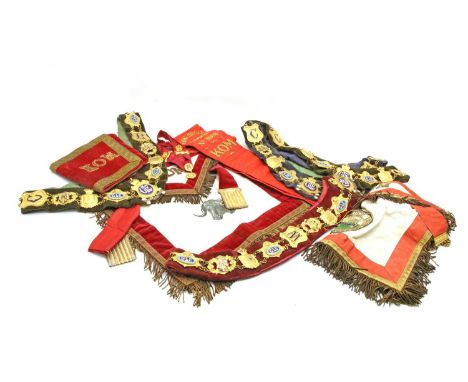 A collection of Masonic regalia, to include nine varying Royal Antediluvian Order of Buffaloes chains, each with chained gilt