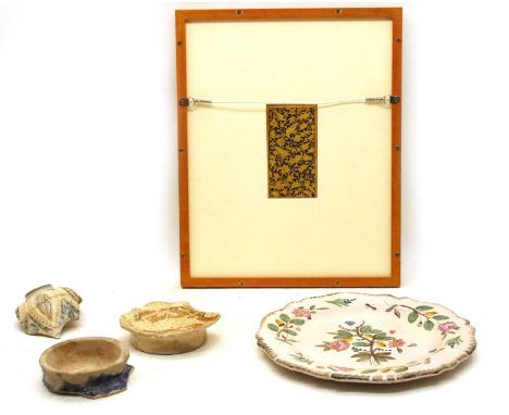 An Indian or Persian gilt album leaf in gilt frame, and four various Persian and French ceramic itemsCondition report: Please