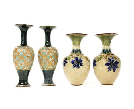 A pair of Doulton Slater's Stoneware baluster vases, painted in enamel with flowering foliage, impressed and incised marks, 2